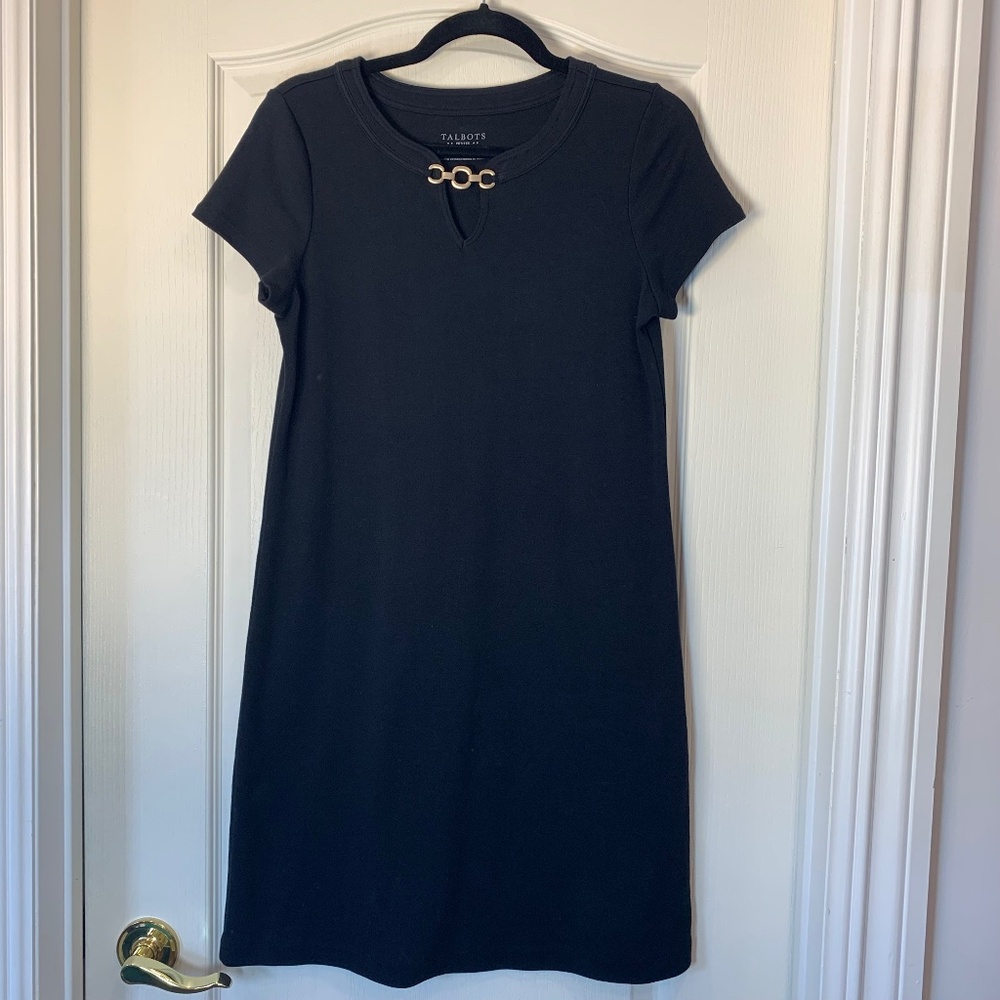 Talbots Petite – Classic Black Cotton‎ Dress with Gold Neck Detail (S) Travel